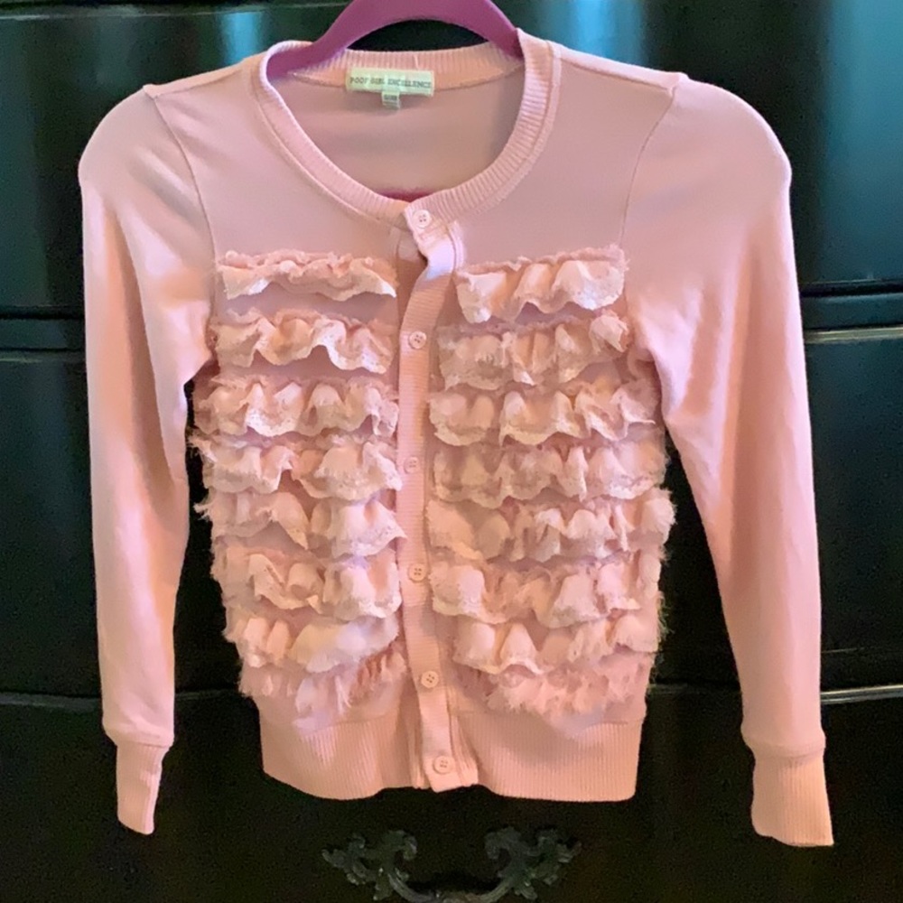 Pink Button Cardigan with Lace Ruffle Front Size S